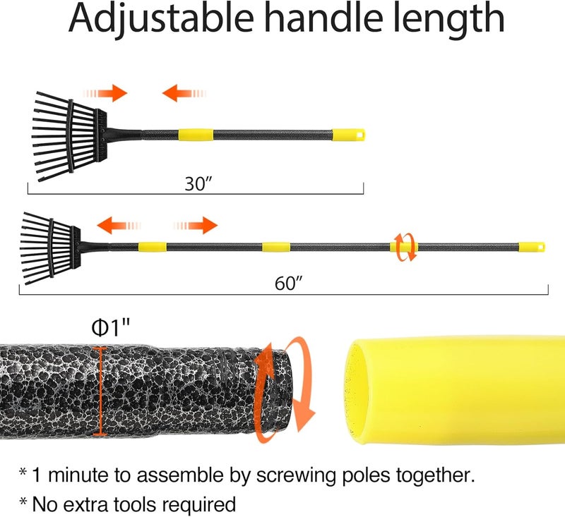 Oliynedy Adjustable Metal Garden Rake for Leaves - Long Handle 30-60", 11 Tines 9" Wide - Small Lawn Collapsible Yard Rake for Adults and Kids - Camping, Flower Beds, Mulch, Shrub - Image 4